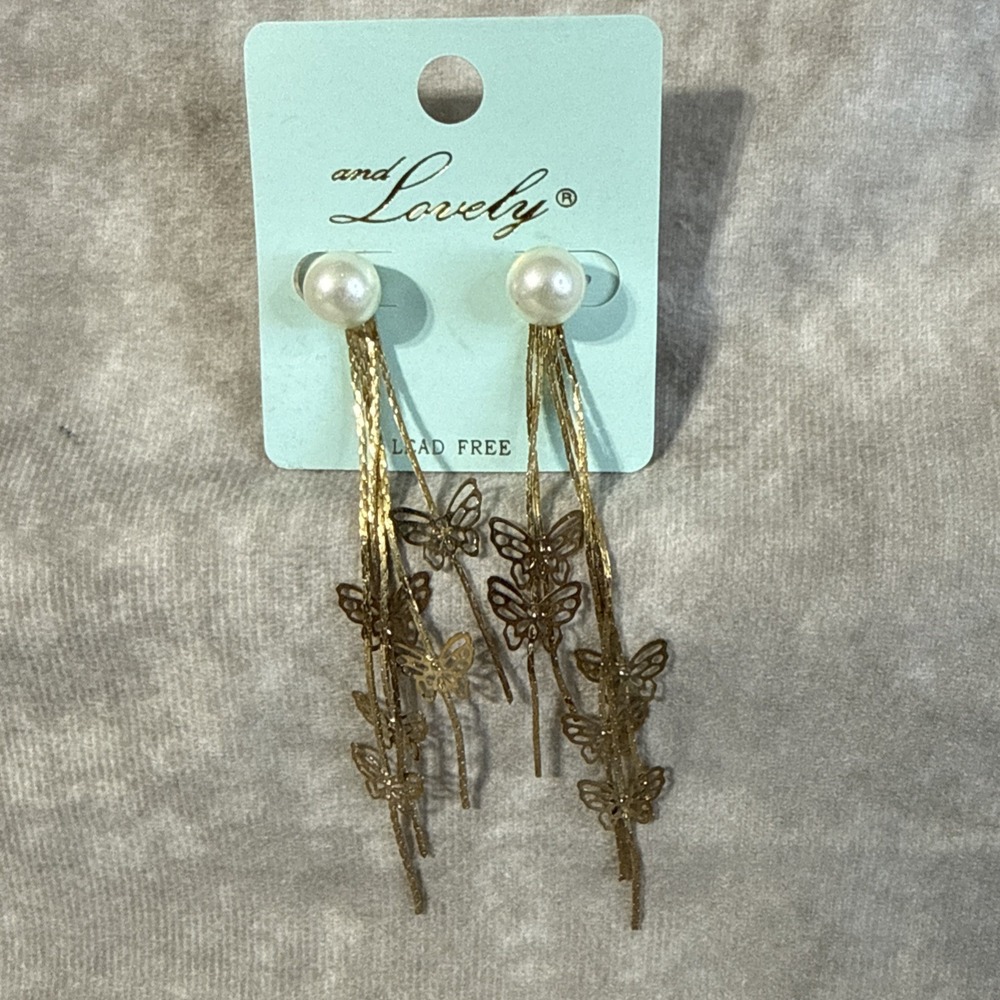 And Lovely Gold Tone Earrings Butterfly Pearl Dangle
